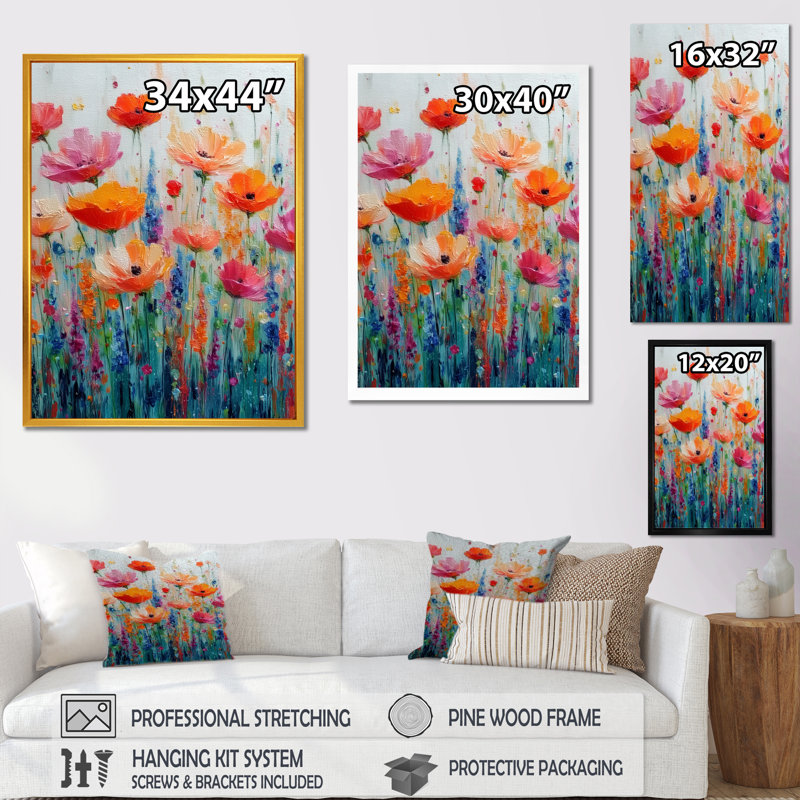 «Vibrant Meadows On Summer Daisies», art sur toile, art floral orange sur toile, Cadre photo unique, Noir, H 44 po x l 34 po