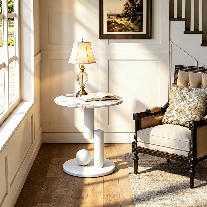 White Marble End Tables Set of 2, Nightstands for Living Room, Bedroom, Office, White