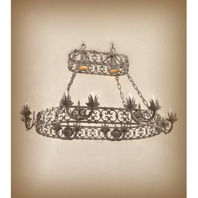 Lustre de roue de wagon de style bougie avec accents forgés en fer forgé 14 lumières Tereza