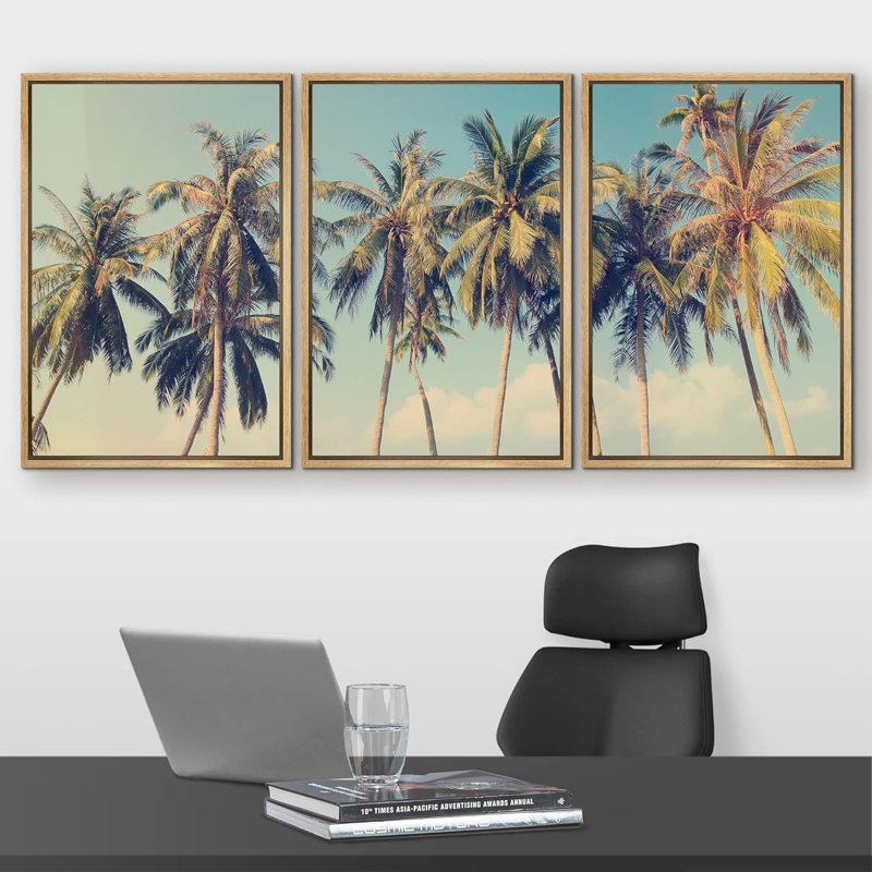 Ensemble de 3 reproductions de photos de palmiers tropicaux sur une plage, Cadre naturel flottant, H 24 po x l 16 po
