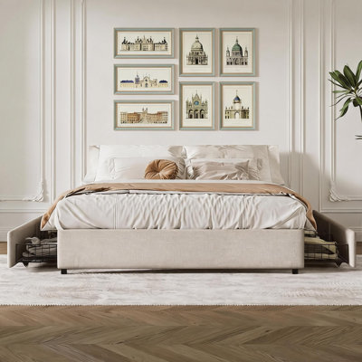 King Size Linen Upholstered Platform Bed Frame with 4 Storage Drawers, Wooden Slats, Noise-Free, No Box Spring Needed, Light Gray