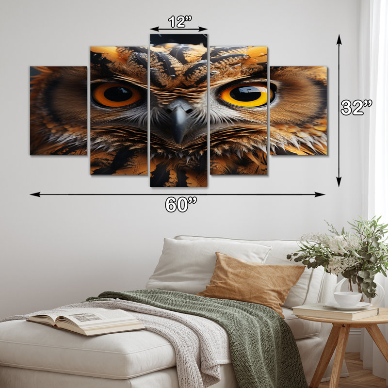 «Yellow Owl Wise Portrait IV», reproduction sur toile - 5 panneaux