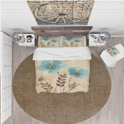 Blue Poppies Cottage Flowers I - Ensemble de housse de couette Farmhouse - Microfibre de polyester