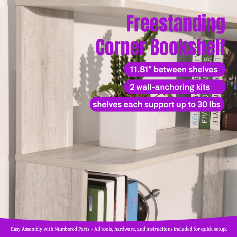 Unavela Freestanding Corner Bookshelf: Extended Size, Anti-Tipping Safety, Light Gray