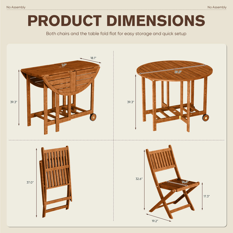 Ensemble de patio pliable en bois d'acacia, Marron clair