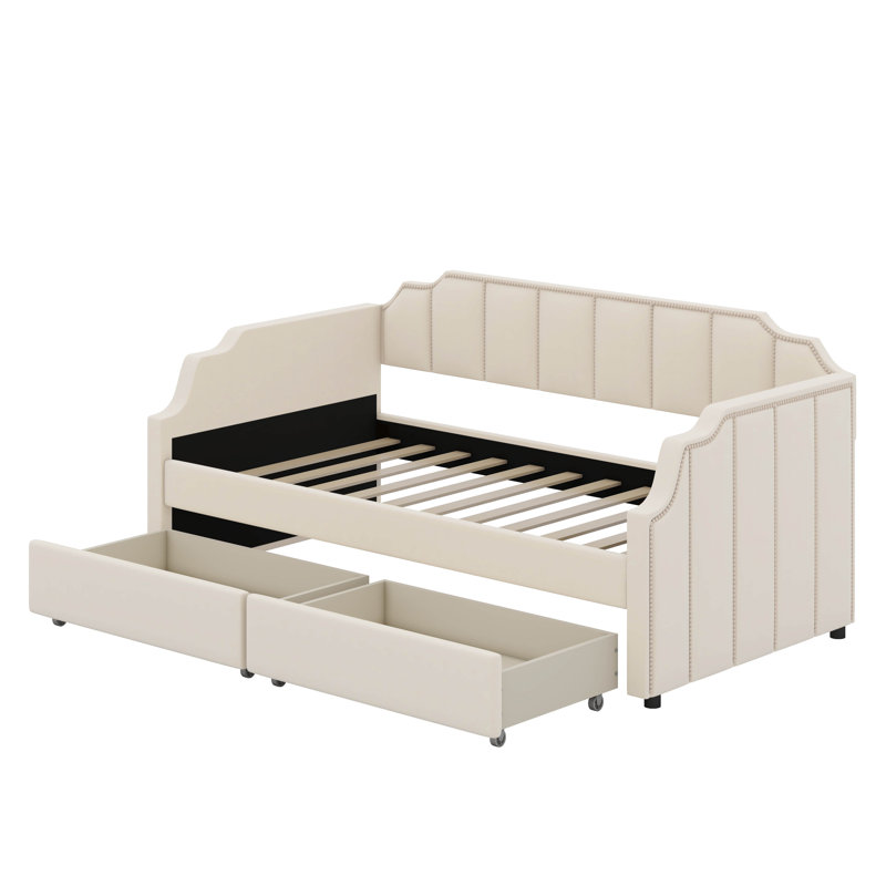 Lit de jour simple tapissier avec tiroirs, Beige