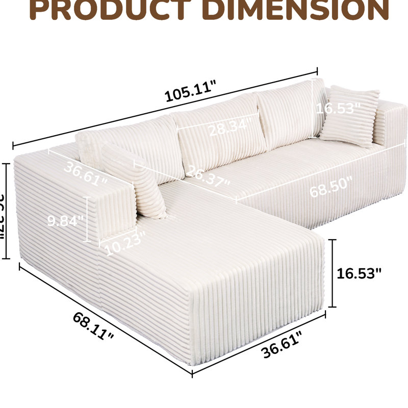 Mousse à mémoire de forme en L rembourrée en velours côtelé de 105 po, solution d'espace pour la vie en appartement, support à haute posture silencieux, mousse à affaissement, économie d'espace, aspirateur, colle zéro, minimaliste contemporain