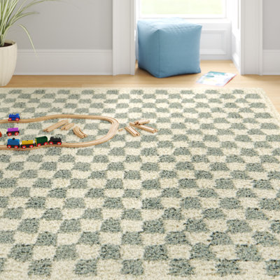 Tapis à poils longs sauge / crème à carreaux Walker