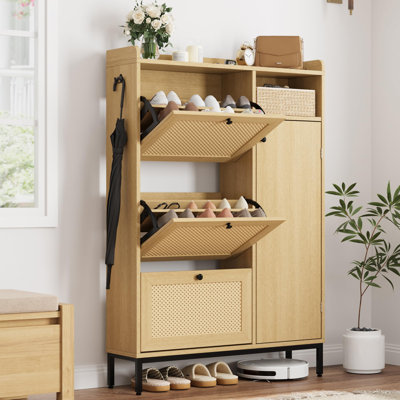  Rattan Shoe Storage Cabinet&3 Turn over-Top Drawers Slim Entryway Organizer Adjustable Shelves & Side Open Shelves, Freestanding Shoe Rack