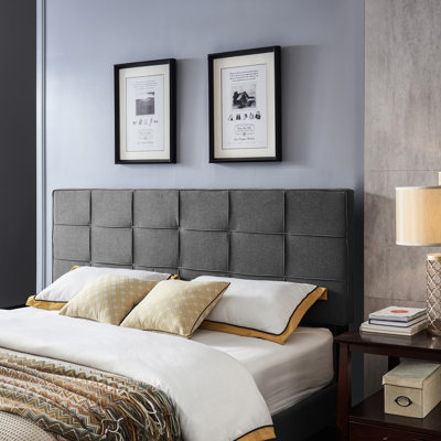 Contemporary King/ King Sized Headboard With Waffle And Piped Borders, Adjustable 48.5 - 53 Inches, Charcoal Grey Headboard: Stitch, Trim, In, Upholstery