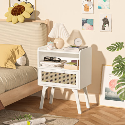 Rattan Nightstand, Boho Side Table With Drawer Open Shelf, Cane Accent Bedside End Table With Solid Wood Legs For Bedroom, Dorm And Small Spaces