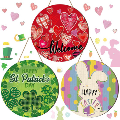 3 Pcs Easter Front Door Sign St. Patrick's Door Hanging Decor Valentine Day Wooden Round Sign Party Decoration Seasonal Wooden Decoration For Indoor Outdoor Décor
