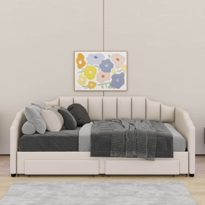 Twin XL Size Extendable Upholstered Daybed With Two Storage Drawers And LED Light,Twin XL To King Daybed by Latitude Run