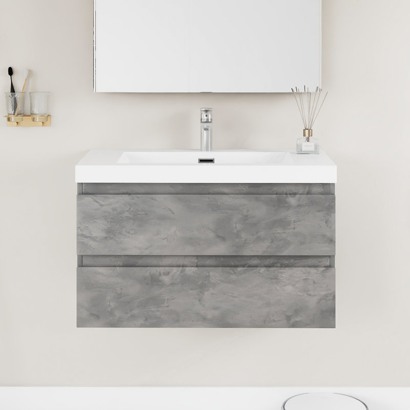 Armoire de salle de bain murale simple de couleur gris pierre 36 po | Bassin en résine intégré | Tiroirs à double couche | Rail silencieux à fermeture en douceur