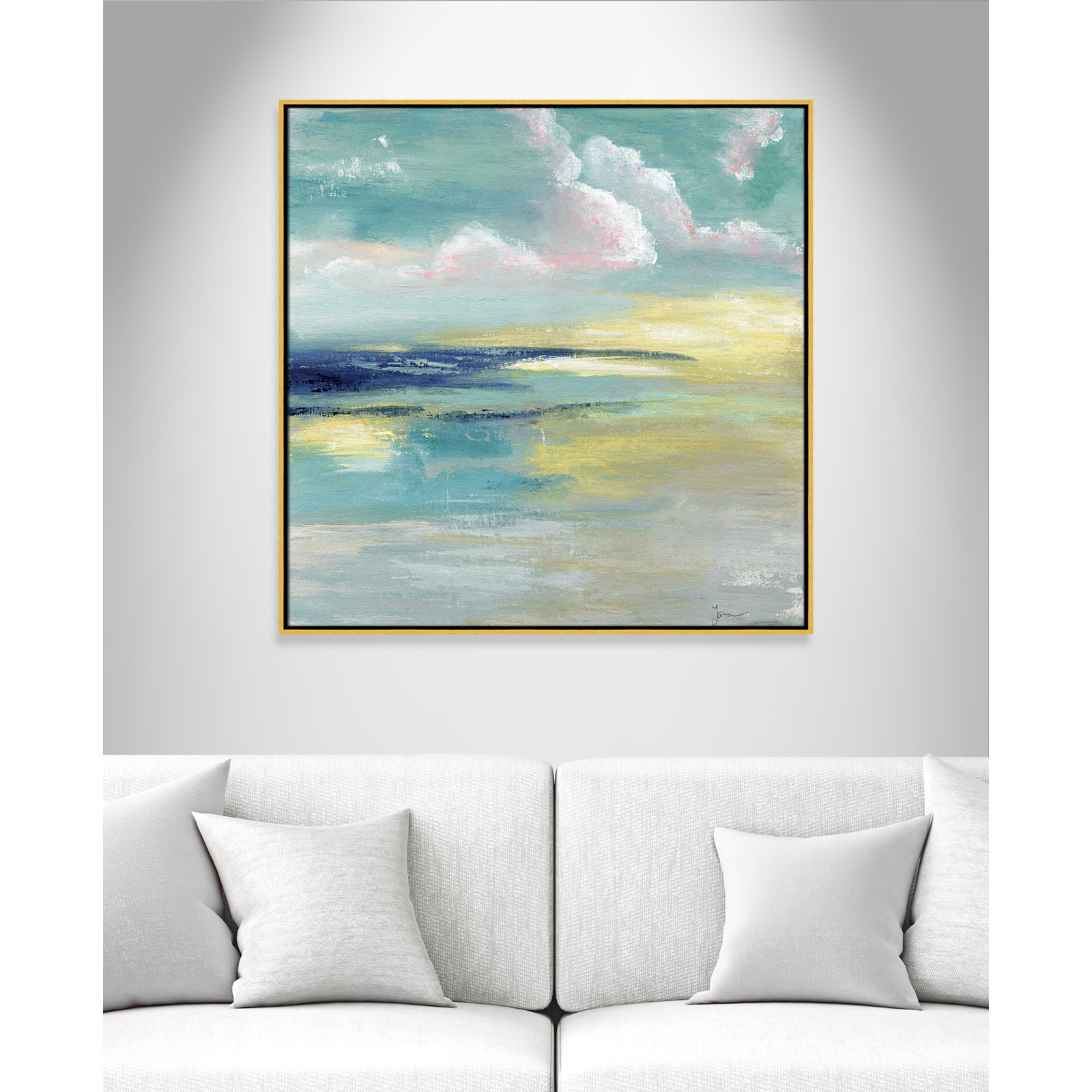 Bertie "Ocean View" Painting by Tava Studios, 37.5" H x 37.5" W x 2" D, Gold Framed Canvas