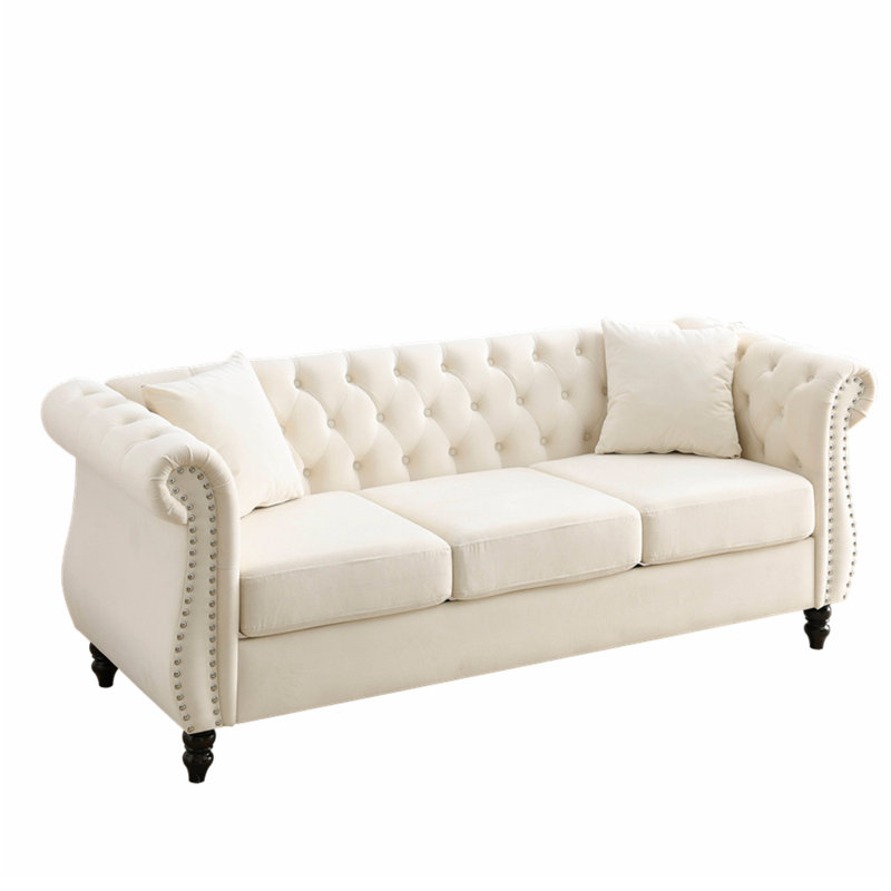 Canapé Chesterfield, canapé capitonné avec accoudoirs roulés et tête de clou, Velours beige, 30" H x 80" W x 29" D