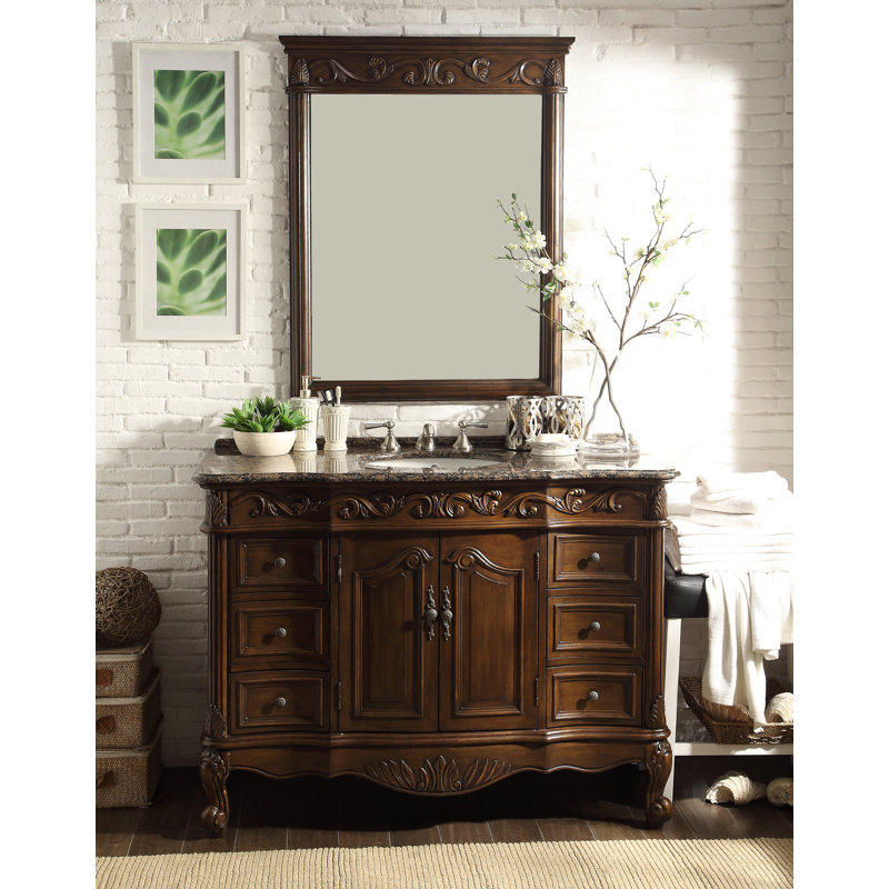 Meuble-lavabo traditionnel de Beckham de 107 cm (42 pouces) en merisier brun, avec miroir, lavabo simple et comptoir en granit Baltic Brown. Entièrement assemblé.