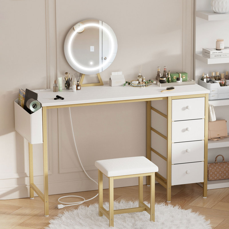 Built-In Outlets Makeup Desk With Mirror And Light- Vanity Set Table With Chair & Drawers, Gold