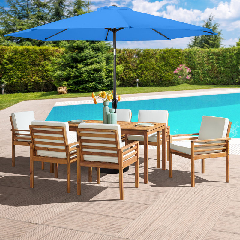 Arjay 8 Pc Patio Dining Set Wood One 63" Table Chairs With Cushions And 1 10-Foot Tilt Umbrella, Blue, 6