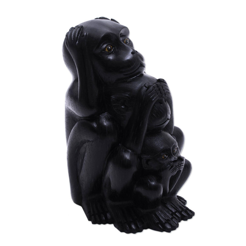 Three Monkey Sages In Black Wood Statuette