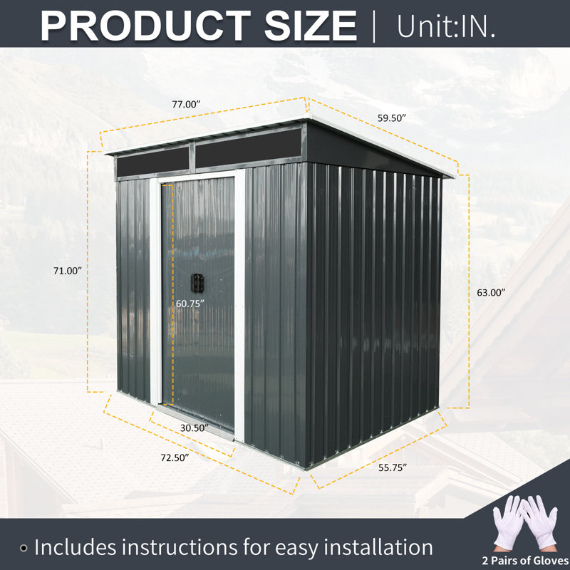 6x5 Metal Outdoor Storage Shed Black With Transparent Plate