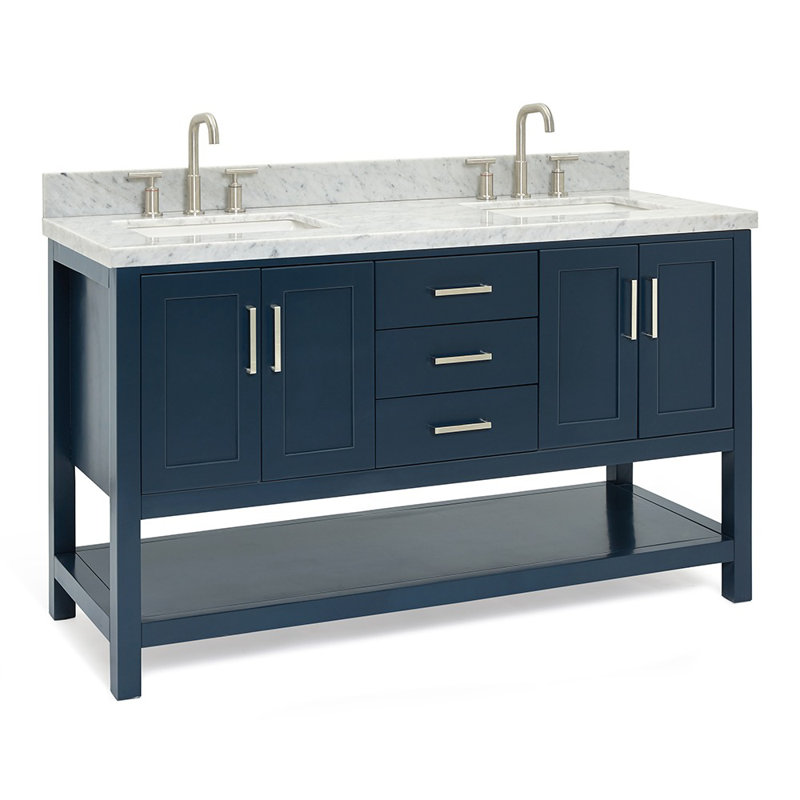 Magnolia Bath Vanity Oval Basin, Midnight Blue, Carrara White Marble, Rectangle 