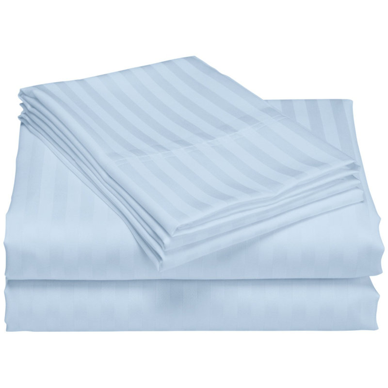 Egyptian Cotton Sateen Striped Sheet Set, Blue, Queen Sheet Set with 2 Pillowcases
