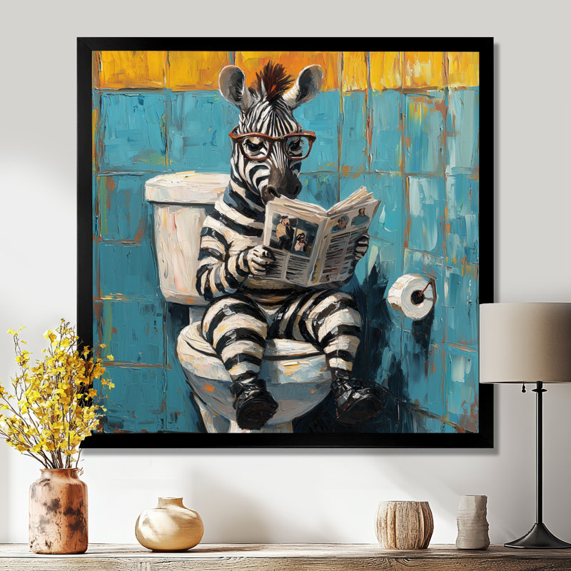 Keiji, lecture zébrée amusante d'un journal dans une toilette II - art mural zèbre, H 30 po x l 30 po, Noir