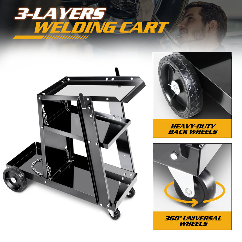 27.75" Heavy-Duty Welding Cart Safety Chains 3-Layer Storage 100 Lb Capacity 360° Swivel Wheels