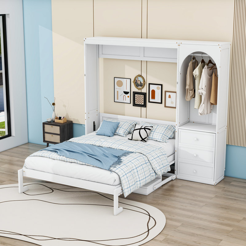 Lit escamotable avec tablette de rangement, tringle à DEL, 3 tiroirs et bureau, Blanc