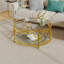 Table basse ronde avec plateau en verre trempé, structure en métal géométrique et tablette inférieure-859138535