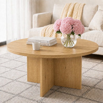 Table basse ronde rustique Heranda 35,4 po, table centrale en bois avec base en forme de croix pour salon