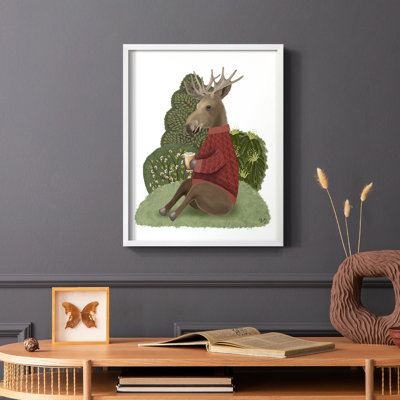 Latte Moose in Sweater Framed Print - Solid Wood