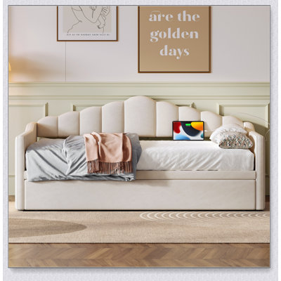Upholstered Daybed with Adjustable Height Pop Up Trundle Bed and USB Type-C Charging Port, Day Bed Frame with 2 Side Pockets, No Box-Spring Needed