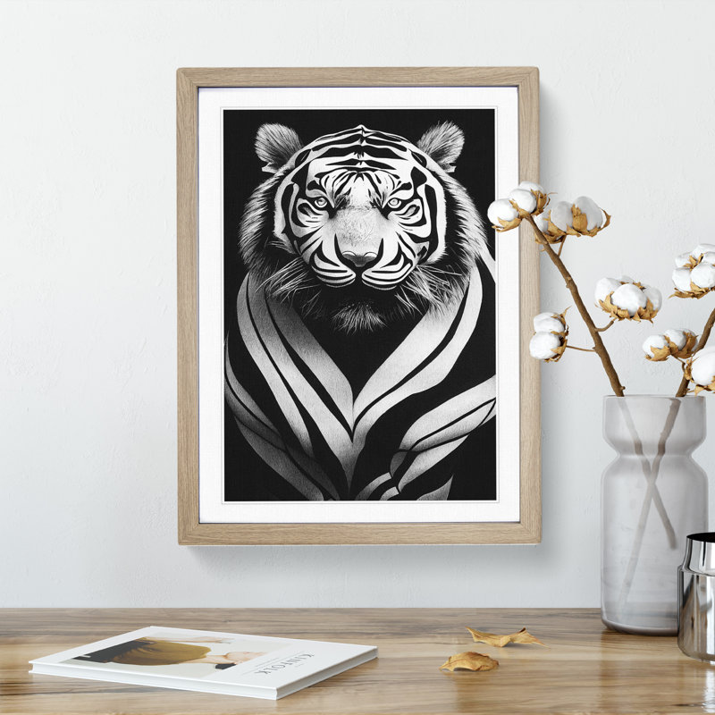 Monochrome Tiger No.7 - Wall Art, 64cm H x 46cm W x 2cm D, Oak Framed