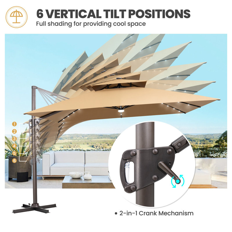  Parasol de patio en porte-à-faux 11 pi x 11 pi à DEL avec base en contrepoids, Tanné