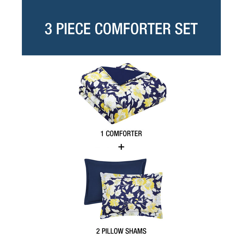 King Navy Yellow Floral Microfiber Comforter Set