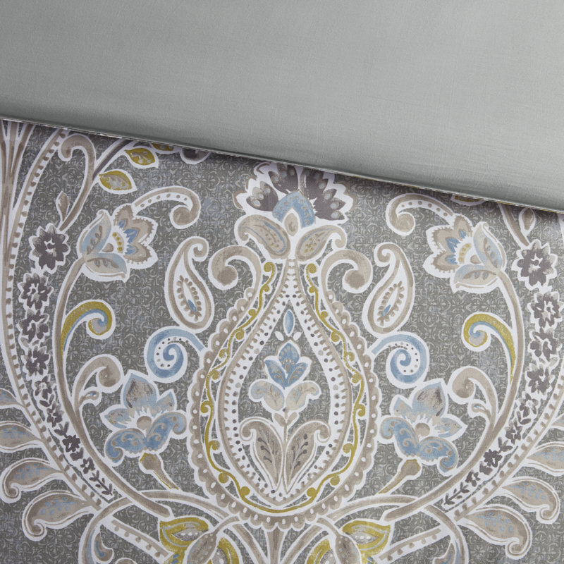 Elegant Grey Damask 5-Piece Cotton Duvet Cover Set