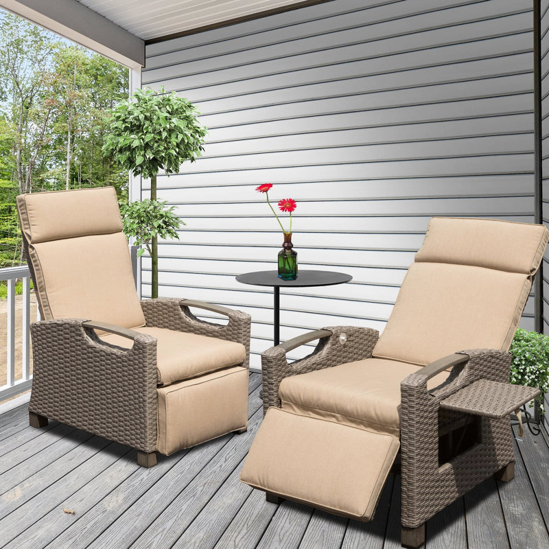 Patio Recliner Chair, Beige, Rust- Resin , Adjustable Angle, Thick Cushions, For Indoor Outdoor Chair Use - Hand-Woven Comfortable, With Side Table