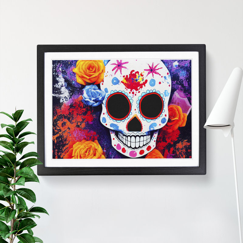 XH1022-4027X Flowing Floral Sugar Skull - Single Picture Frame Print, Black Framed, 46cm H x 64cm W x 2cm D