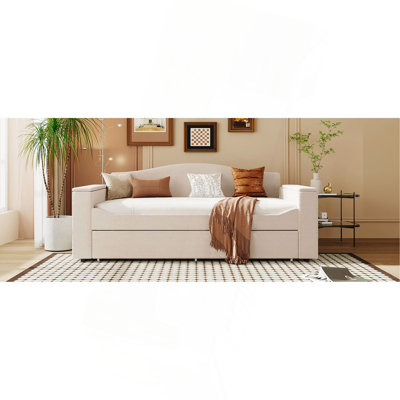 Twin Size Upholstered Daybed With Storage Armrests, Trundle And Latest Integrated Bluetooth Audio System, Teddy Fleece, Beige