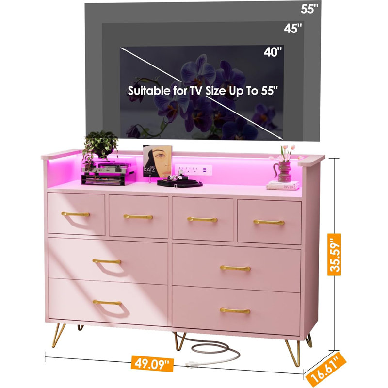 8-Drawer Dresser with LED Light & Charging Station, Gold, Pink