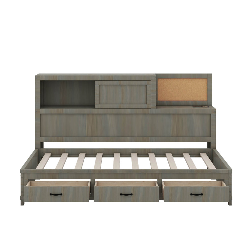 Lit de jour en bois avec 3 tiroirs de rangement, tablette souple supérieure, tablette et ports USB, Gris, Lit simple