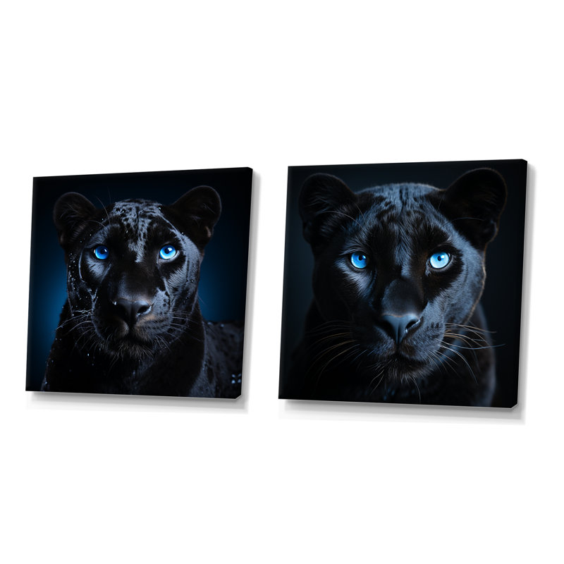 «Blue and Black Panther Portrait I», ensemble de 2 reproductions d'art sur toile, Toile tendue, H 16 po x l 33 po x P 1 po