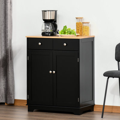Sideboard With Solid Wood Countertop - Black Cabinet For Efficient Storage In Home. 2 Drawers, Adjustable Shelf, Versatile Use Stylish Options