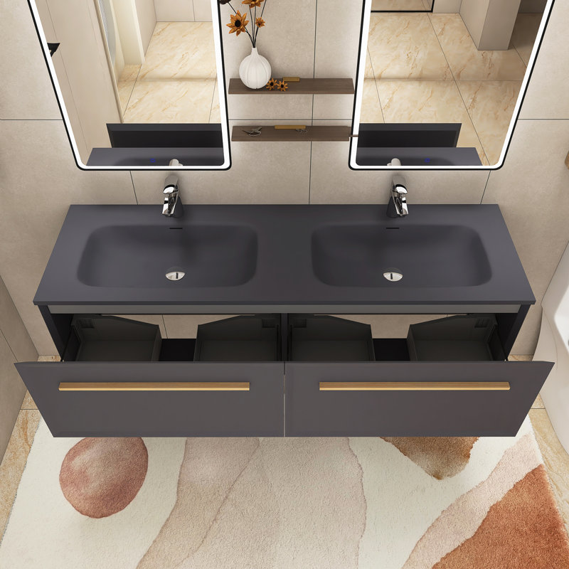 Meuble-lavabo double 59,05 po avec comptoir à surface solide Soleil, Gris/doré