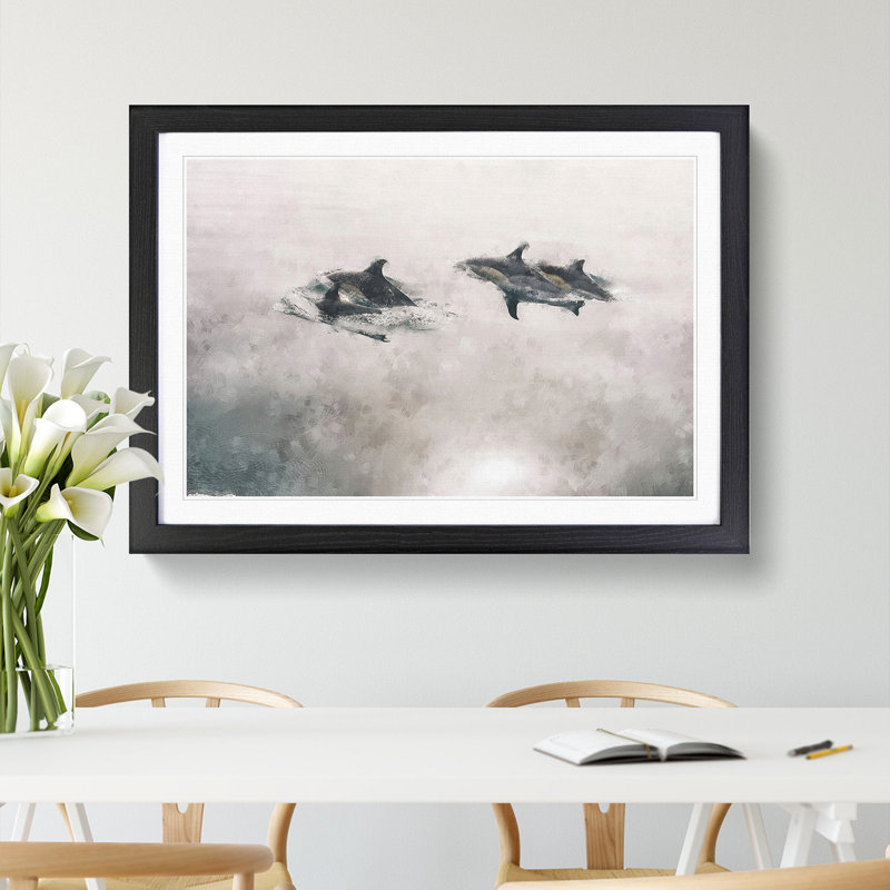 Swimming Dolphins - Picture Frame Painting, 27cm H x 36cm W x 2cm D, Black Framed