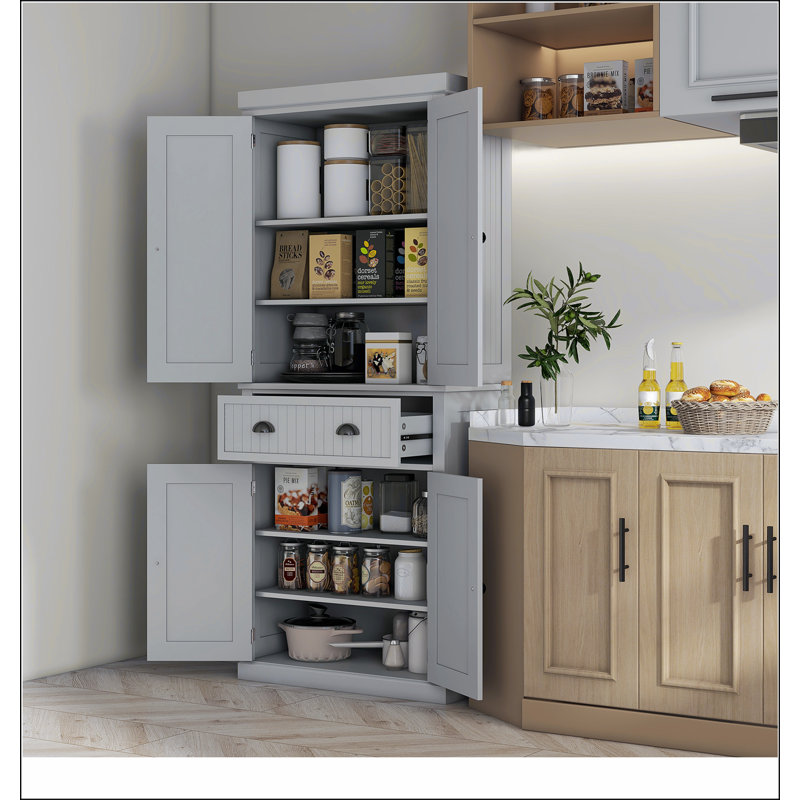 72" Kitchen Pantry Storage Cabinet, Traditional Freestanding Cabinet with 4 Doors, Gray