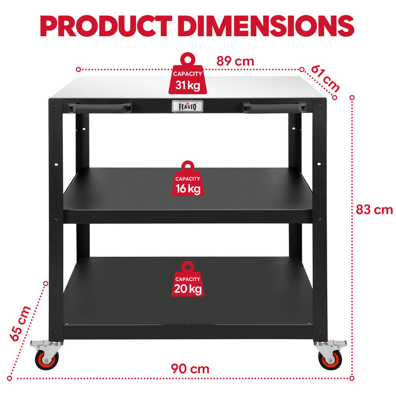 FEASTO Outdoor Kitchen Series Outdoor Grill Cart with Stainless Steel Top, 3-Tier Pizza Oven Table & Rolling Workstation with Adjustable Middle Shelf for Outdoor Kitchen & BBQ