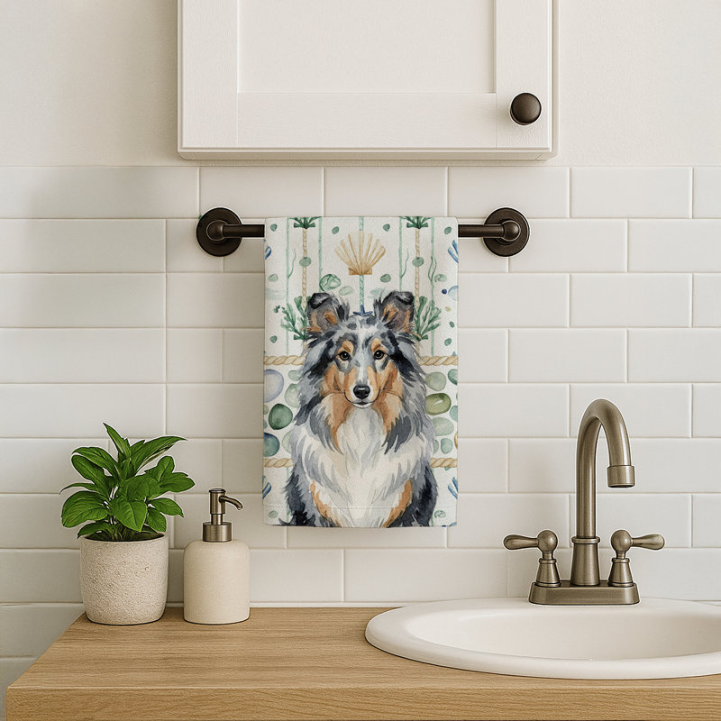 Blue Merle Sheltie Coastal Sea Glass Kitchen Towel, Blue Merle Sheltie